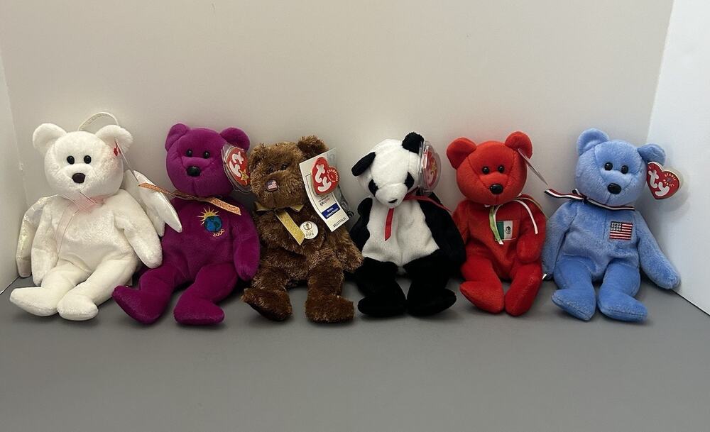 Ty Beanie Babies Bear Lot of 6 All with Tags VTG Halo Champion Osito Fortune….